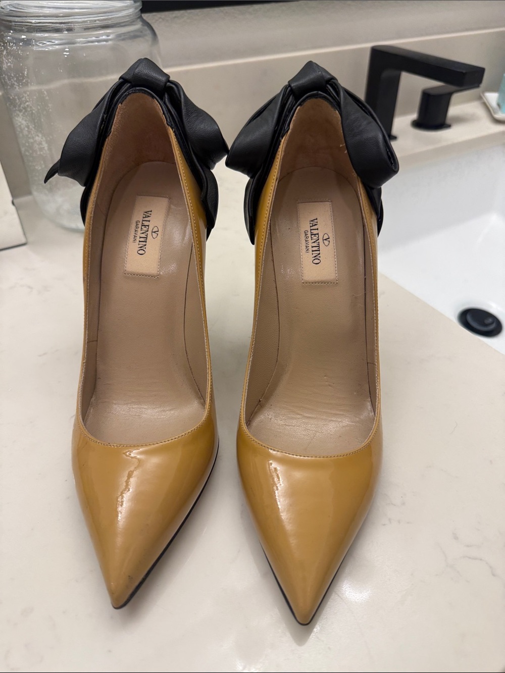 Valentino Yellow Patent Leather Pointed Pumps with Black Heel Bows